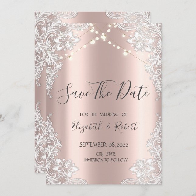 White Lace,String  Lights Rose Gold Save The Date (Front/Back)