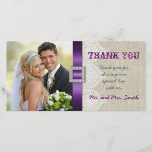 White Lace Vintage Wedding Thank You Photo Purple