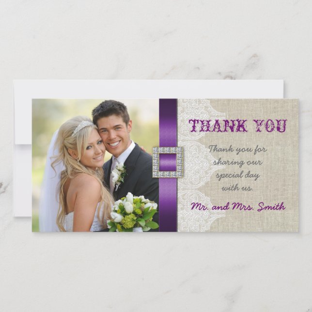 White Lace Vintage Wedding Thank You Photo Purple (Front)