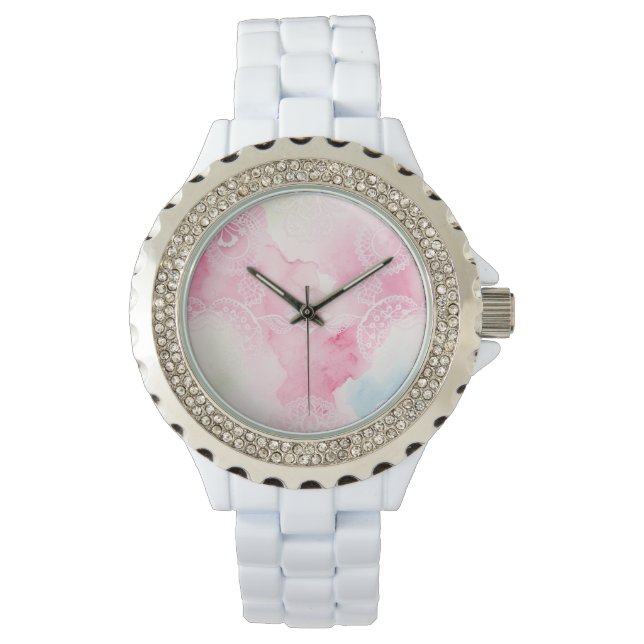 White Lace Watercolor Lace Pattern Wrist Watch (Front)