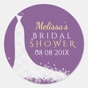 White Lace Wedding Dress On Purple Classic Round Sticker