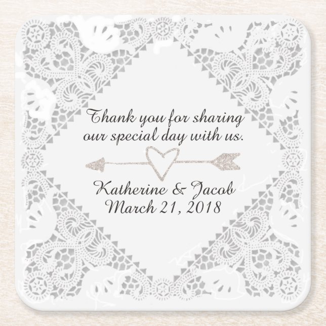 White Lace Wedding Thank You Favour Paper Coaster (Front)