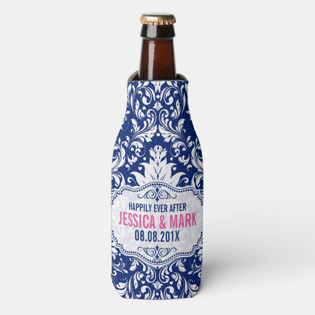 White Lace With Blue Background Pink Accent 3b Bottle Cooler (Bottle Front)