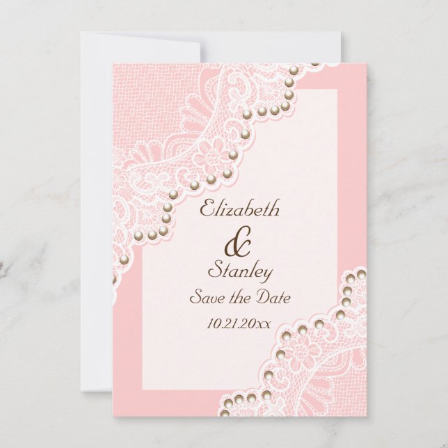 White lace with pearls pink wedding Save the Date (Front)