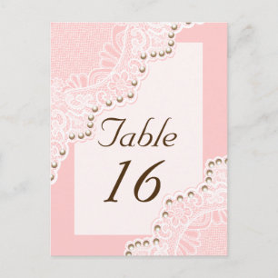 White lace with pearls pink wedding table number postcard