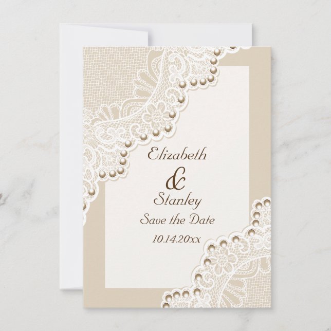 White lace with pearls wedding Save the Date (Front)