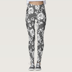 White Lace with Roses on Black Leggings