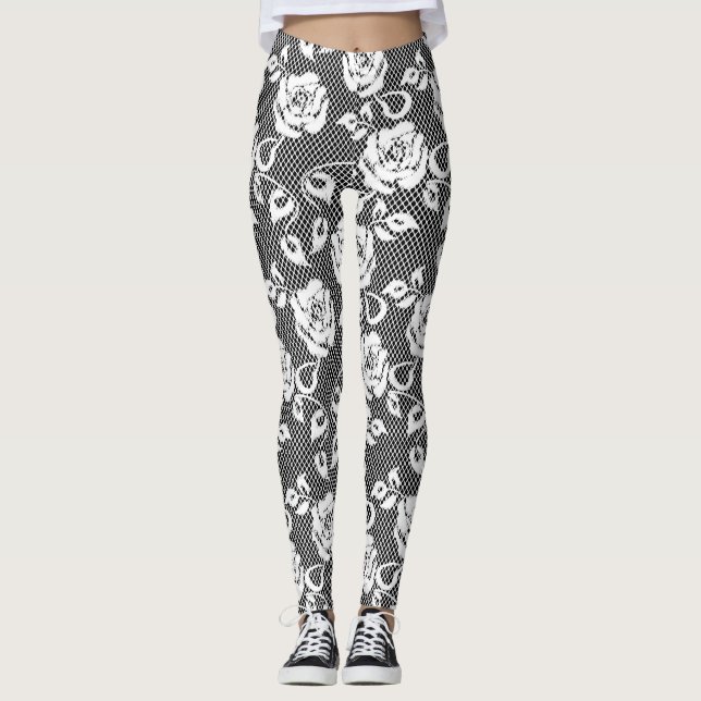 White Lace with Roses on Black Leggings (Front)