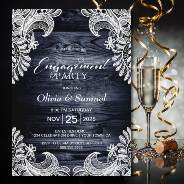 White Lace Wood Engagement Party Invitation (Creator Uploaded)