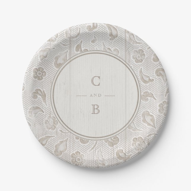 White lace wood rustic country wedding monogram paper plate (Front)