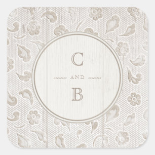 White lace wood rustic country wedding monogram square sticker