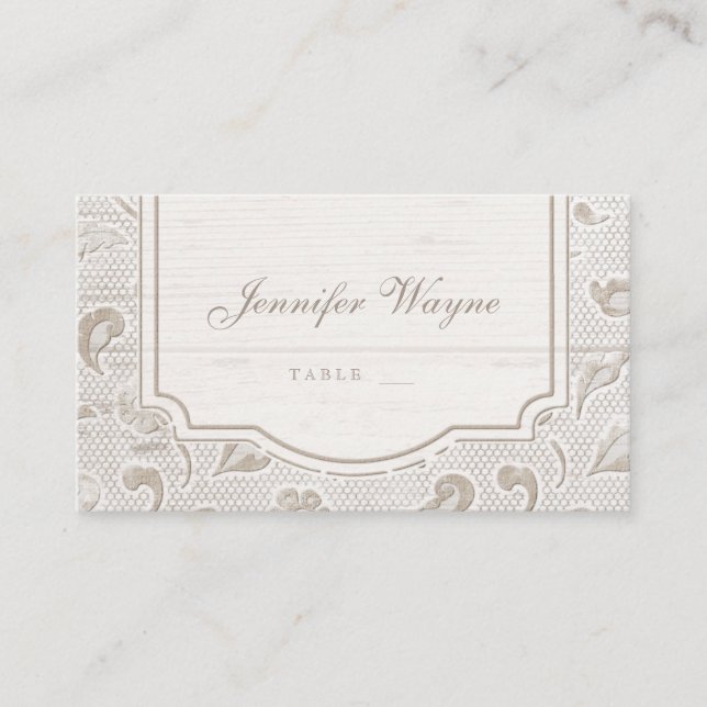 White lace wood rustic country wedding place cards (Front)