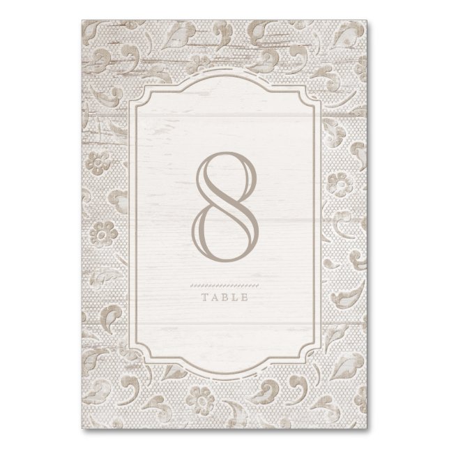 White lace wood rustic country wedding table card (Front)