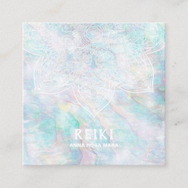 *~* White Lacey Mandala Pastel Blue Pink Yellow Square Business Card (Front)