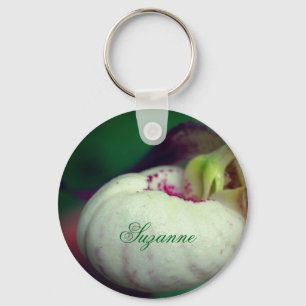 White Lady Slipper Flower Personalised Key Ring