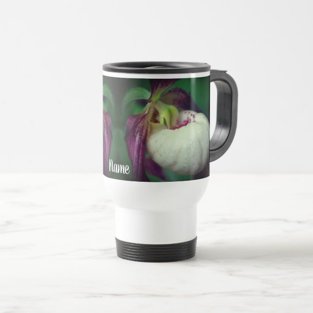 White Lady Slipper Flower Personalised  Travel Mug (Front Right)