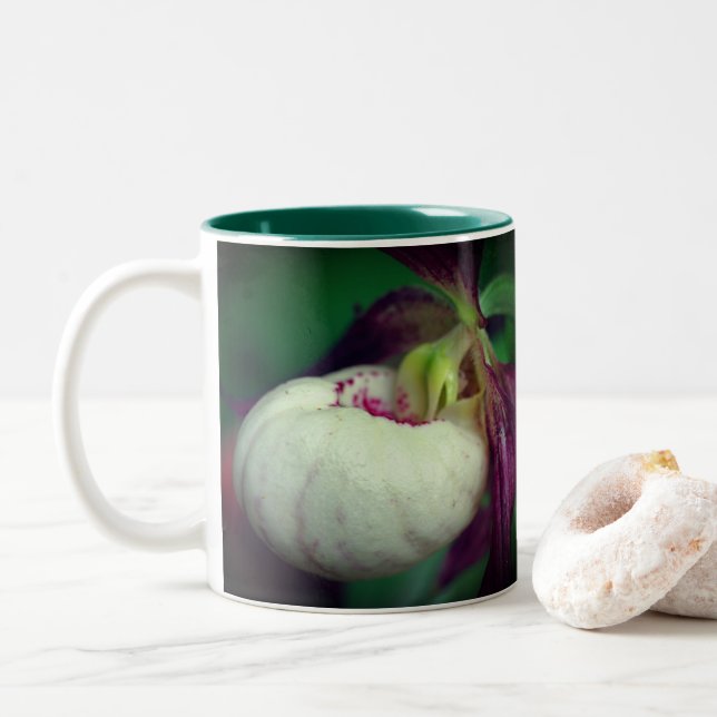 White Lady Slipper Flower Personalised Two-Tone Coffee Mug (With Donut)