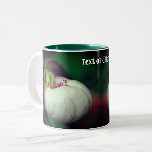 White Lady Slipper Orchid Flower Personalised Two-Tone Coffee Mug (Front Left)