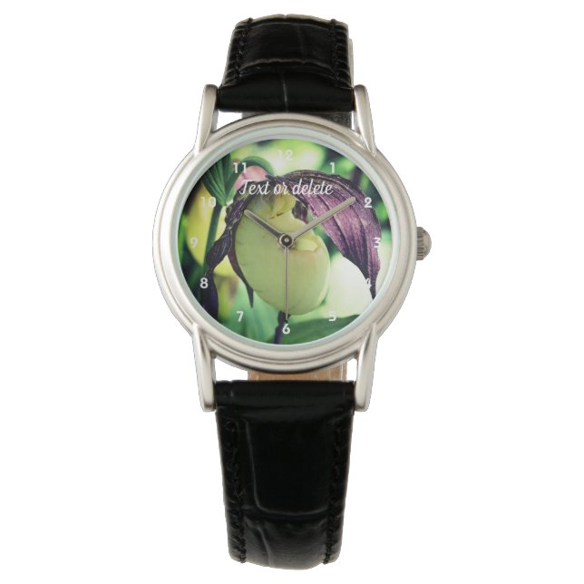 White Lady Slipper Orchid Flower Personalised  Watch (Front)