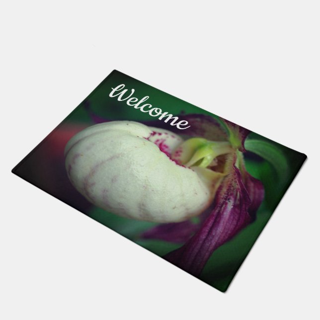 White Lady Slipper Orchid Flower Welcome Doormat (Angled)