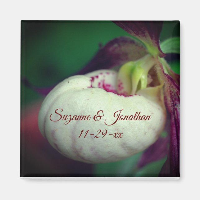 White Lady Slipper Orchid Personalised Wedding  Magnet (Front)