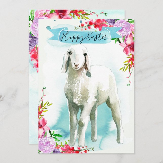 White Lamb Happy Easter Greeting Holiday Card (Front/Back)