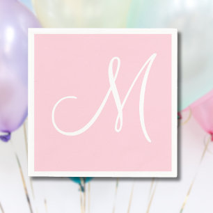 White Large Elegant Monogram   Pastel Pink Napkin