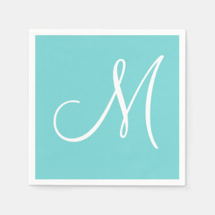 White Large Elegant Monogram   Pastel Teal Napkin