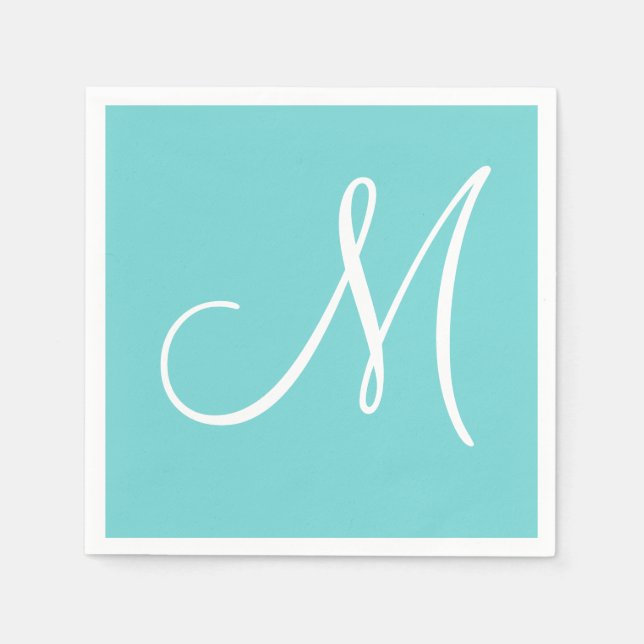White Large Elegant Monogram | Pastel Teal Napkin (Front)