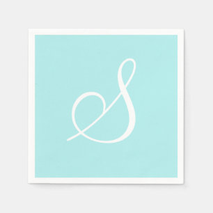 White Large Elegant Monogram   Pastel Turquoise Napkin