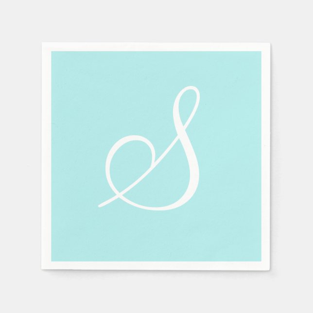 White Large Elegant Monogram | Pastel Turquoise Napkin (Front)