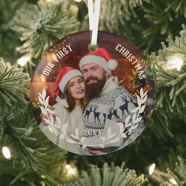 White Laurel Half Wreath Our 1st Christmas Photo Glass Tree Decoration (Insitu)
