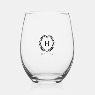 White Laurel Wreath Custom Name Stemless Wine Stemless Wine Glass