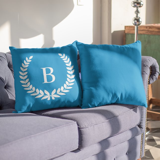 White Laurel Wreath Modern Monogram Cushion (White Laurel Wreath Modern Monogram Outdoor Pillow)