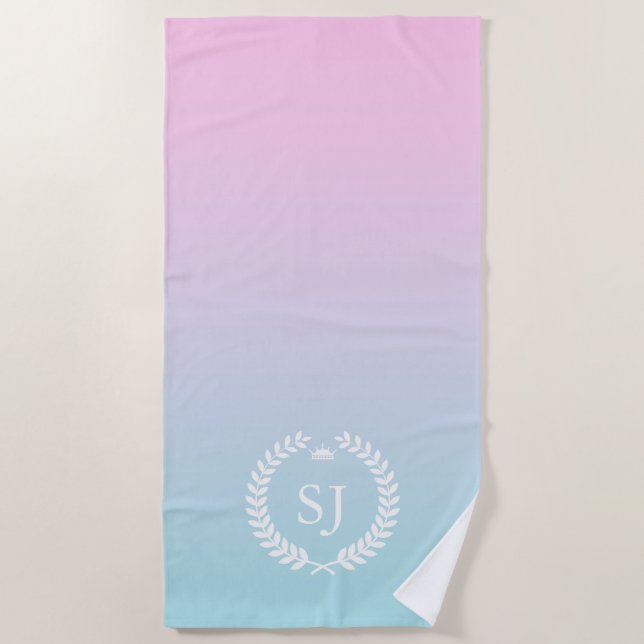 White laurel wreath on soft pink to blue ombre beach towel (Front)