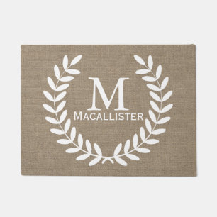 White Laurels and Faux Burlap Family Name Doormat