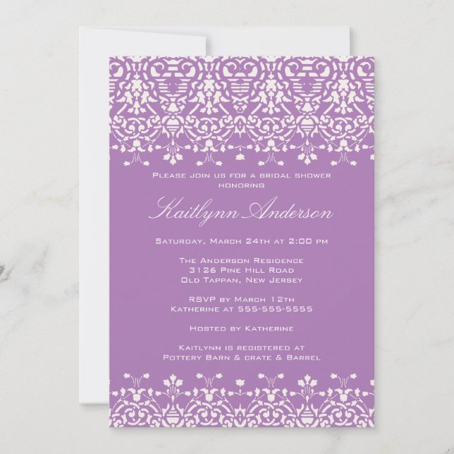 White & Lavender Damask Bridal Shower Invitation (Front)