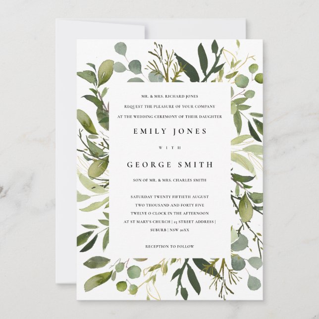 WHITE LEAFY FRAME GREEN FOLIAGE WATERCOLOR WEDDING INVITATION (Front)