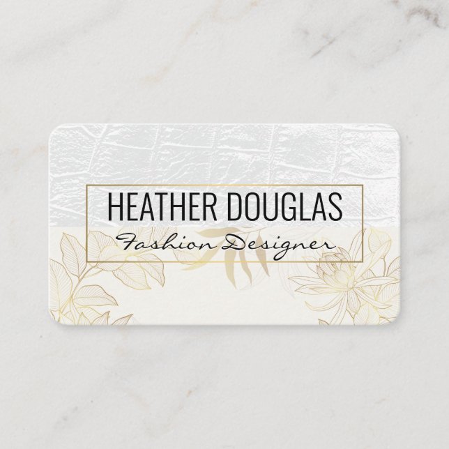 White Leather | Gold Leaves Illustration Business Card (Front)