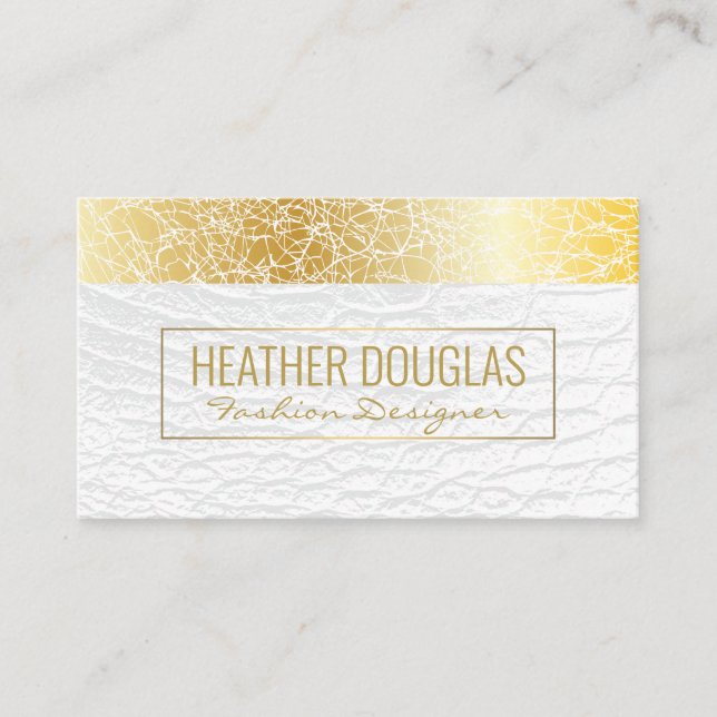 White Leather | Gold Texture Pattern Business Card (Front)
