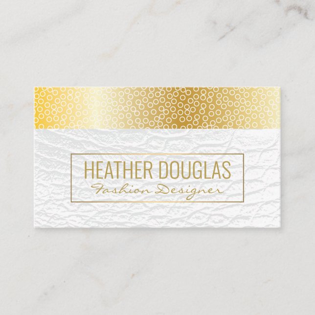 White Leather | Metallic Gold | Geometric Circular Business Card (Front)