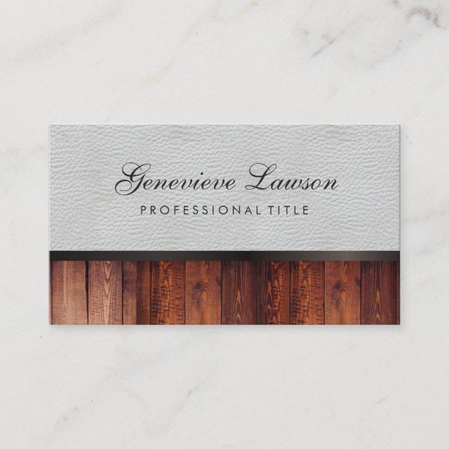 White Leather Rustic Wood and Elegant Text Business Card (Front)