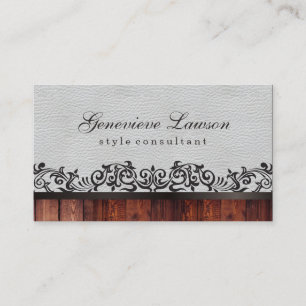 White Leather Rustic Wood and Elegant Text Business Card