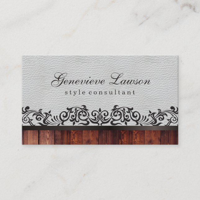White Leather Rustic Wood and Elegant Text Business Card (Front)