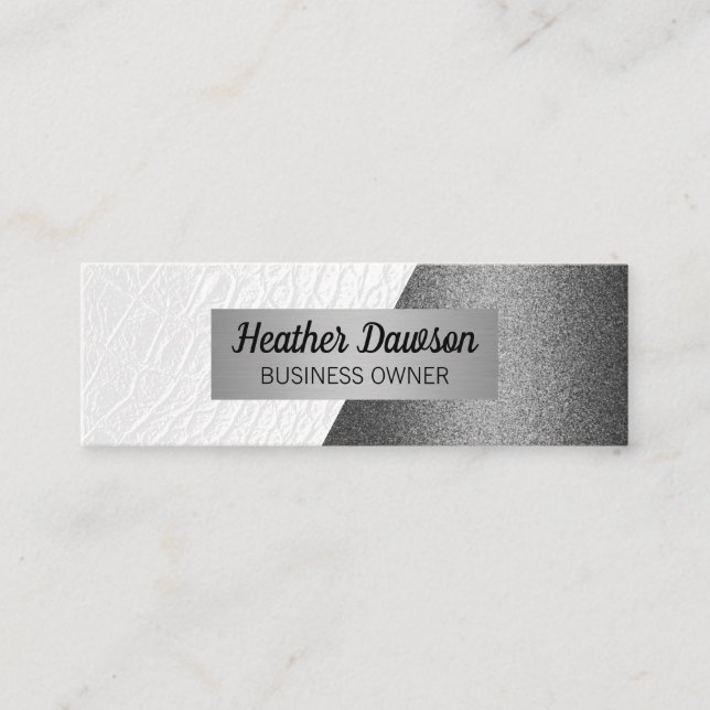 White Leather | Silver Glitter Design Block Mini Business Card (Front)