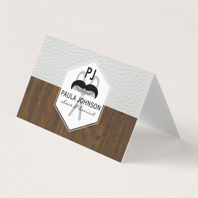 White Leather Wood Variation Barber Monogram Business Card (Front)