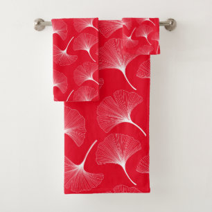 White leave pattern on red background bath towel set