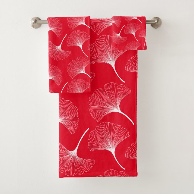White leave pattern on red background bath towel set (Insitu)