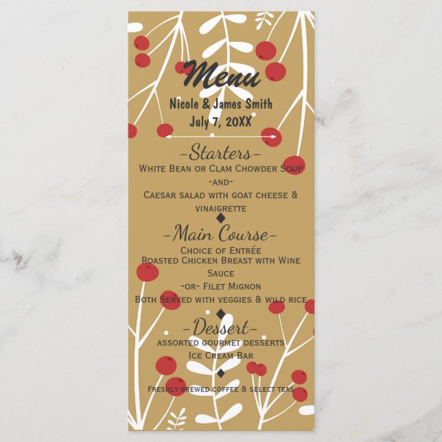 White Leaves & Berries Gold Holiday Christmas Menu (Front)