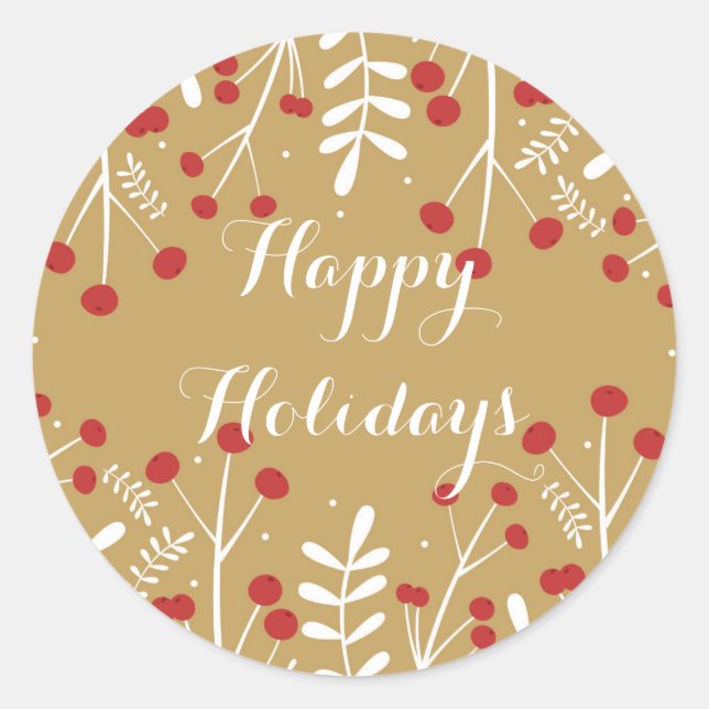 White Leaves & Berries Gold Holiday Favour Classic Round Sticker (Front)